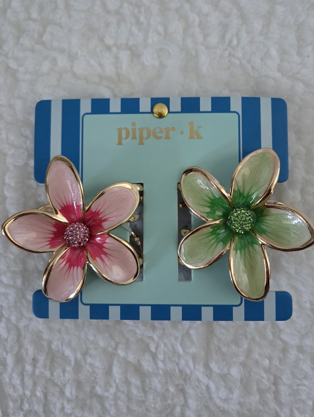 Piper Floral Hair Clips in Pink and Green with Gold Trim